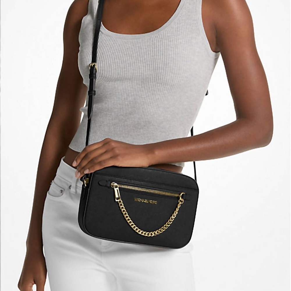 Michael Kors Jet Set Large Saffiano Leather Crossbody Bag Black Gold Chain NWT - Picture 2 of 9